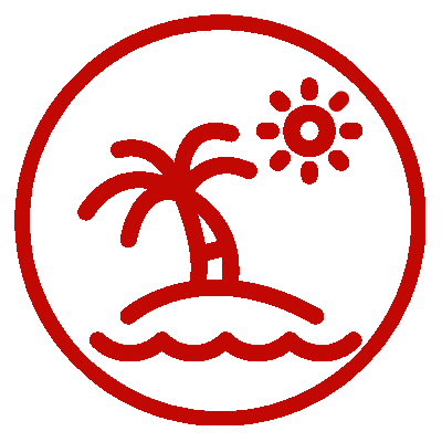 A red circle with an island and palm tree in the middle.