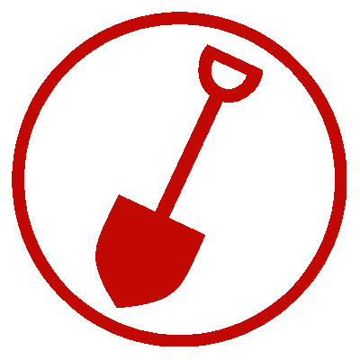 A red shovel in the middle of a circle.