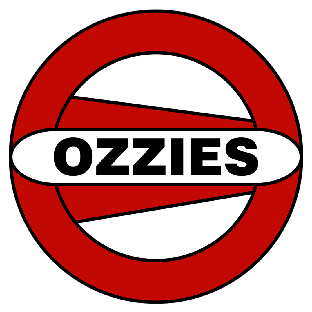 A red and white sign with the word ozzies in it.